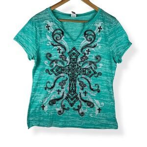 Ransom‎ Gothic Cross Graphic Top  Womens Plus Size 1X Y2K Indie Sleaze Grunge